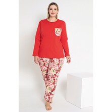 Kadın Kırmızı Renkli Çiçek Desenli Uzun Kollu Pijama Takımı B-48