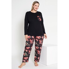 Kadın Siyah Renkli Çiçek Desenli Uzun Kollu Pijama Takımı B-46