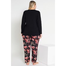 Kadın Siyah Renkli Çiçek Desenli Uzun Kollu Pijama Takımı B-46