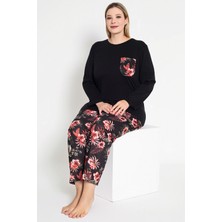Kadın Siyah Renkli Çiçek Desenli Uzun Kollu Pijama Takımı B-46