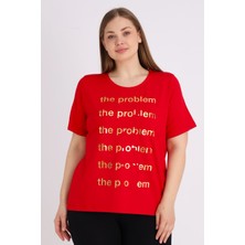 Intensive Collection Kırmızı Kısa Kollu Baskılı Kadın Büyük Beden Rahat Kalıp T-Shirt