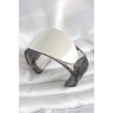 Siyah Mermer Desen Akrilik Plastik Gümüş Oval Plaka Model Vintage Kadın Bilezik