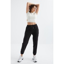 Tommy Life Siyah Yüksek Bel Basic Bağcıklı Jogger Polar Kadın Eşofman Alt - 94622