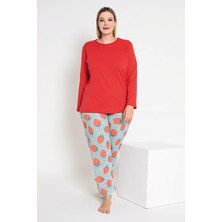 Kadın Kırmızı Renkli Çilek Desenli Uzun Kollu Pijama Takımı B-45