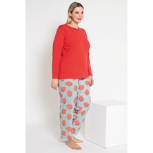 Kadın Kırmızı Renkli Çilek Desenli Uzun Kollu Pijama Takımı B-45