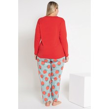Kadın Kırmızı Renkli Çilek Desenli Uzun Kollu Pijama Takımı B-45