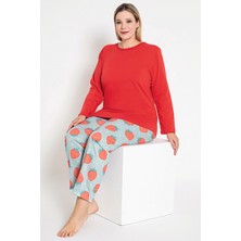 Kadın Kırmızı Renkli Çilek Desenli Uzun Kollu Pijama Takımı B-45