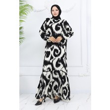 Sefa Merve Viskon Kumaş Desenli Elbise 2019-03 Siyah Beyaz