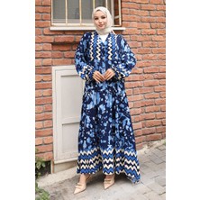 Sefa Merve Alaçatı Desenli Yarım Düğmeli Viskon Elbise 0041-02 Lacivert