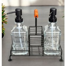 Kulplu Standlı 2'li Cam Sabunluk Seti Metal Siyah