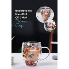 Rosemor 2'li Çiçekli Bardak Kulplu  Isıya Dayanıklı Borosilikat Çift Çidarlı Flower  Kahve Sunum Bardağı