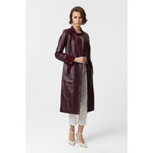 Bordo Nancy Yandan Fermuarlı Hakim Yaka Hakiki Deri Uzun Kadın Manto Kaban