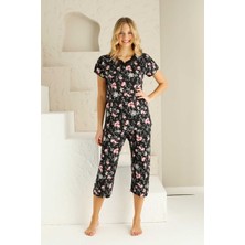 Bie's Kadın Çiçek Desen Dantel Detay Viskon Kısa Kol Kapri Pijama Takımı