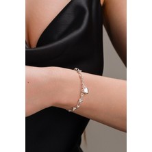 Gümüş Kalp Kalpli Charm'lı Ataç Toplu Zincir Hallow Taşsız Bileklik