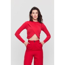 Kadın Kırmızı Verev Crop Bluz