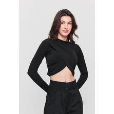 Kadın Siyah Crop Verev Bluz