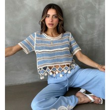 Çizgili Nakışlı Triko Bluz