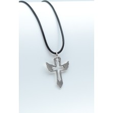Kanatlı Haç Gümüş Kaplama Deri İp Kolye