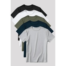 Rahat kalıp unisex Beyaz-Lacivert-Siyah-Haki-Gri - Slim Fit Bisiklet Yaka 5'li Tişört Paketi