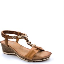 Guja G25Y151 Mantar Görünümlü Dolgu Topuk Boncuklu Camel Kadın Sandalet