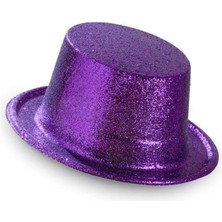 Koyu Mor Renk Violet Parıltılı Simli Fötr Silindir Parti Şapkası
