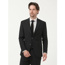 Siyah Düz Modern Fit Yün Karışımlı Takım Elbise