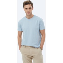 Mavi Düz Bisiklet Yaka Pamuk Karışımlı T-Shirt