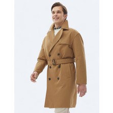 Deve Tüyü Oversize Fit Kruvaze Yaka Casual Dokuma Pardesü