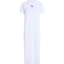 Calvin Klein Jeans Bisiklet Yaka Baskılı Beyaz Uzun Kadın Elbise J20J225543YAA