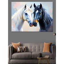 Beyaz At Ikilisi Dekoratif Kanvas - Mdf Ahşap Tablo