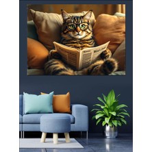 Gazete Okuyan Kedi Dekoratif Kanvas - Mdf Ahşap Tablo