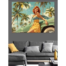 Retro Arabalı Kadın Dekoratif Kanvas - Mdf Ahşap Tablo