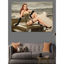 Retro Jeep Güzeli Dekoratif Kanvas - Mdf Ahşap Tablo