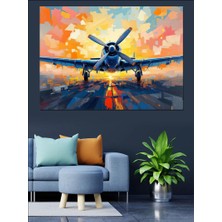 Renkli Pistte Uçak Dekoratif Kanvas - Mdf Ahşap Tablo