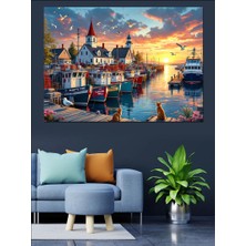 Liman Manzaralı Günbatımı Dekoratif Kanvas - Mdf Ahşap Tablo