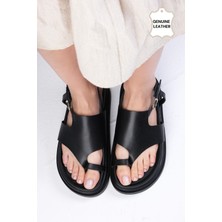 Mio Gusto Lora Hakiki Deri Siyah Renk Parmak Arası Kadın Sandalet