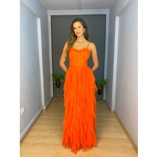 Orange Bel Güpür Transparan Detaylı Etek Kat Kat Uzun Abiye