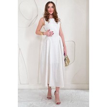 Elbee Fashion Woman Bej Midi Boy Basic Keten Elbise