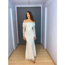 Beyaz Madonna Yaka Uzun Kollu Sırtı Bağlamalı Balık Uzun Abiye Elbise