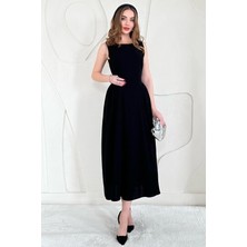 Elbee Fashion Woman Siyah Midi Boy Basic Keten Elbise