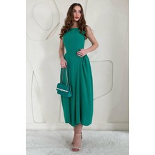 Elbee Fashion Woman Yeşil Midi Boy Basic Keten Elbise