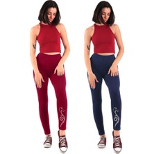 Asn Concept Kadın Lacivert/bordo Taş Baskılı 2'li Paket Tayt (Büyük Beden Seçeneğiyle)