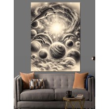 Gezegenler ve Yunus Dekoratif Kanvas - Mdf Ahşap Tablo