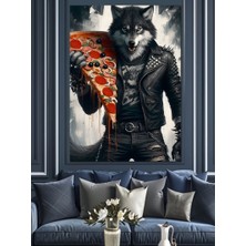 Pizza Yiyen Kurt Dekoratif Kanvas - Mdf Ahşap Tablo