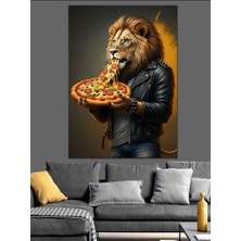 Pizza Yiyen Aslan Dekoratif Kanvas - Mdf Ahşap Tablo