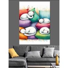 Renkli Uyuyan Kediler Dekoratif Kanvas - Mdf Ahşap Tablo