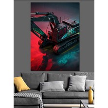 Kırmızı Ekskavatör Çizimi Dekoratif Kanvas - Mdf Ahşap Tablo