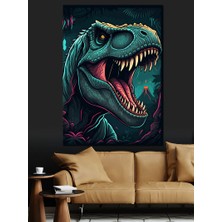 Neon Dinozor Dekoratif Kanvas - Mdf Ahşap Tablo