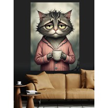 Çay Içen Kedi Portre Dekoratif Kanvas - Mdf Ahşap Tablo