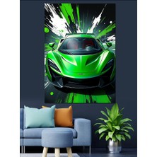 Neon Yeşil Spor Araba Dekoratif Kanvas - Mdf Ahşap Tablo